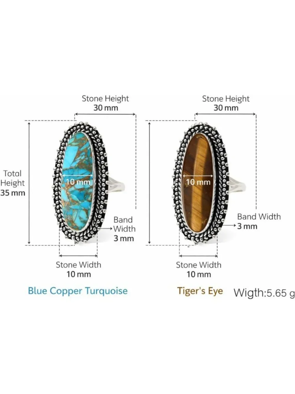 Handmade 925 Sterling Silver Blue Copper Turquoise & Tiger's Eye Statement Ring